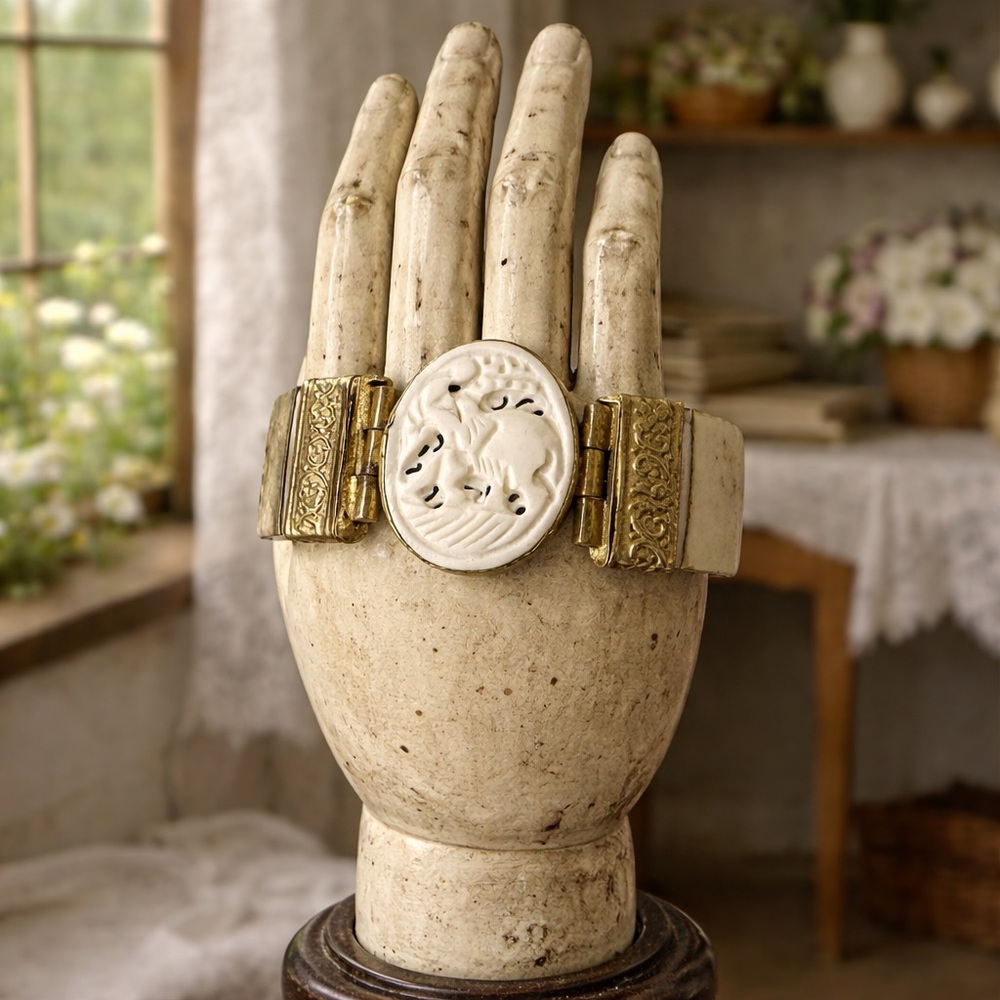 Antique 1890-1940s Elephant Carved Bone & Brass Bracelet With Trombone Clasp